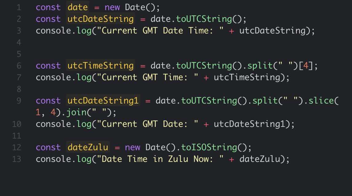 JavaScript Current Date and Time in UTC GMT and Zulu Examples